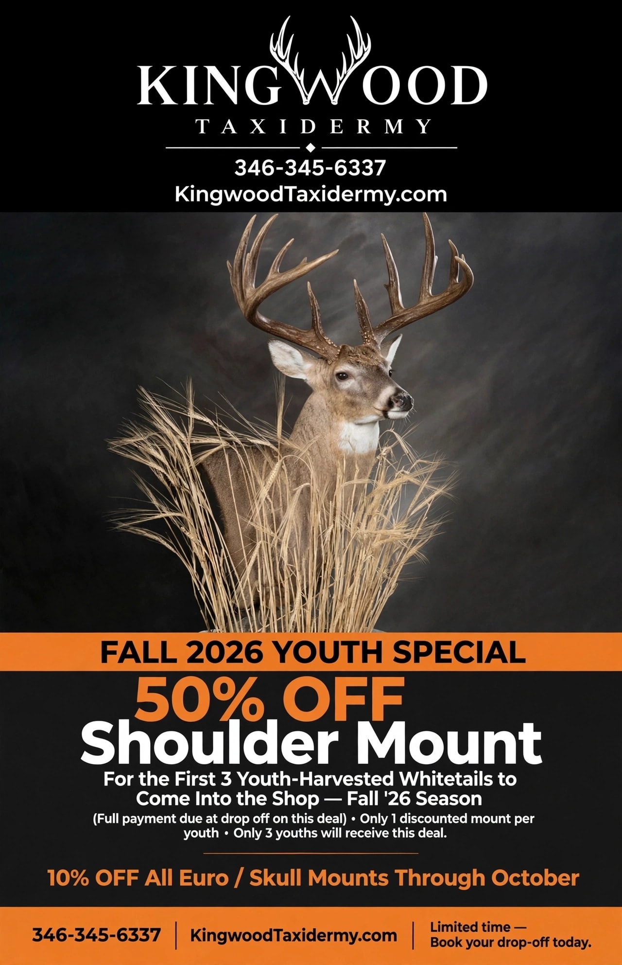 Fall 2026 Youth Special — 50% off shoulder mount for first 3 youth-harvested whitetails